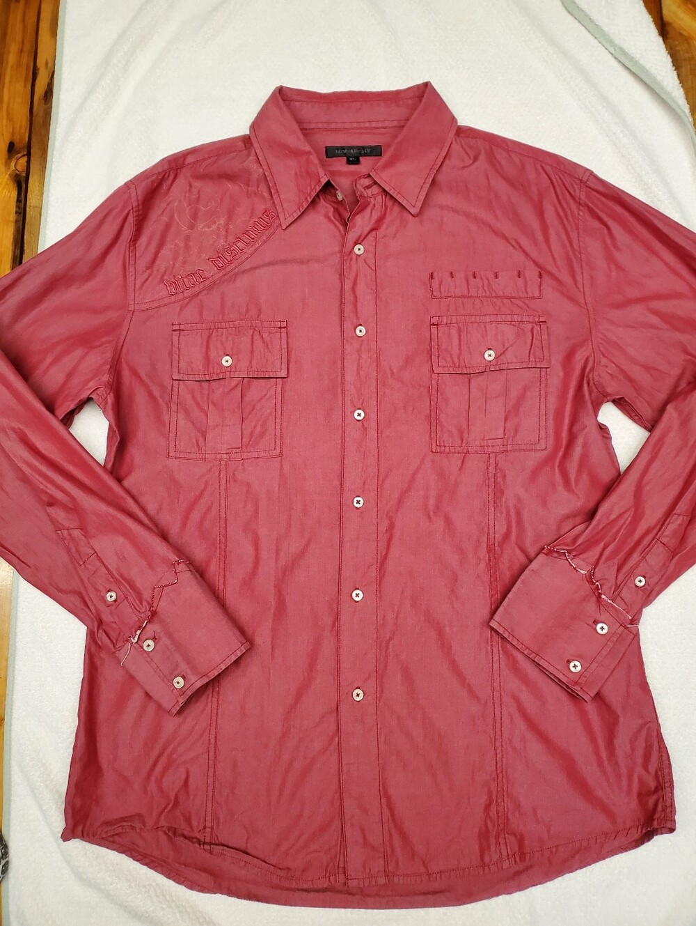 Monarchy Men's XL Long Sleeve Button Down Red Embroidered Gothic Script Y2K